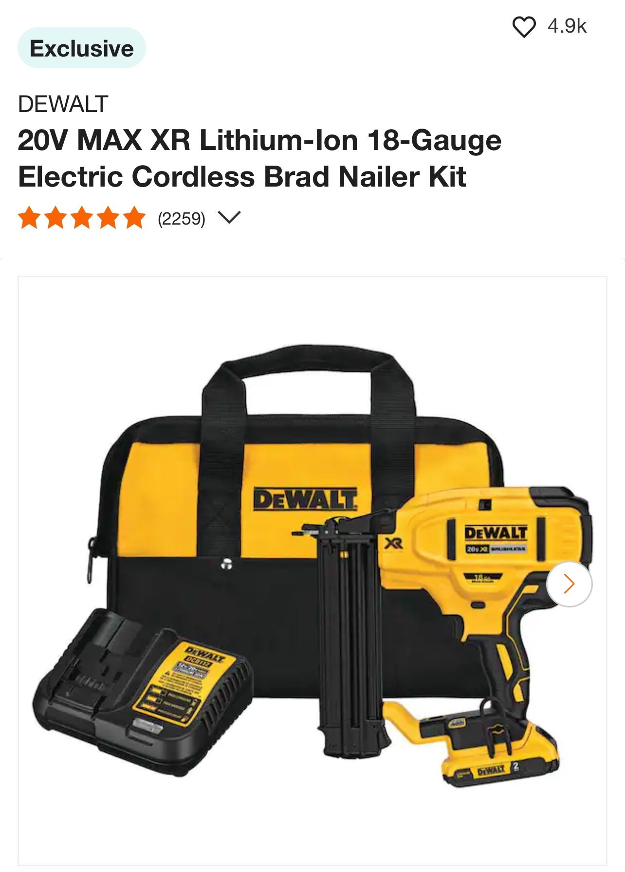 DEWALT 20V MAX XR Lithium Ion 18 Gauge Electric Cordless Brad