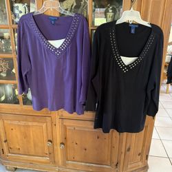 Two Karen Scott Women’s Tops Size 2X Black And Purple With Stud In Embellishment And Three-Quarter Inch Sleeve Women’s Plu2X