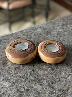 Beautiful sign by the artist, wood tea light candle holders, $12 for both.