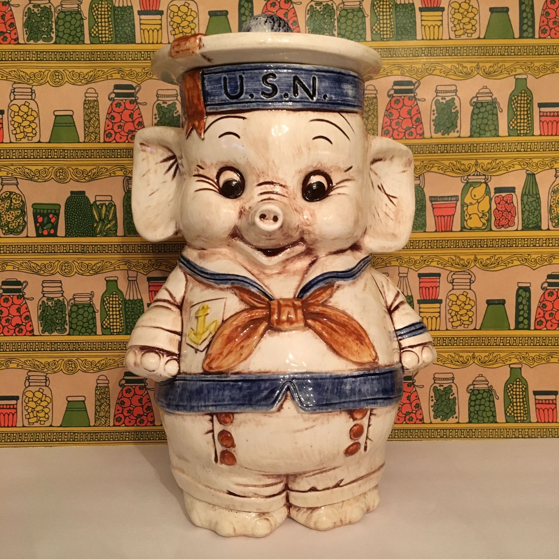 Vintage US Navy Elephant Cookie Jar Ceramic Military