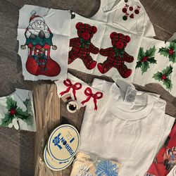 LOTS Of Arts/craft Supplies. Christmas And Halloween No Sew Fabric Appliqués, White T Shirt, Bow Maker, 2 Rolls Green Ribbon,  Feathers,  
