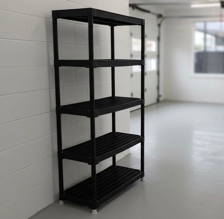 Black Plastic 5 Tier Garage Shop Storage Rack Shelving Shelf! Good condition 18x36x73in