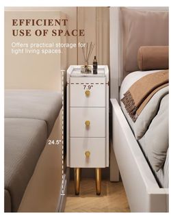 Narrow White Nightstand with Drawers, 7.9" Small Bedside Table for Small Spaces, Solid Wood White and Gold Slim Nightstand for Bedroom & Dorm