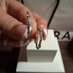 Pandora Authentic Brand New Sterling Silver Sparkling XL Pave Bars Hoop Earrings 
