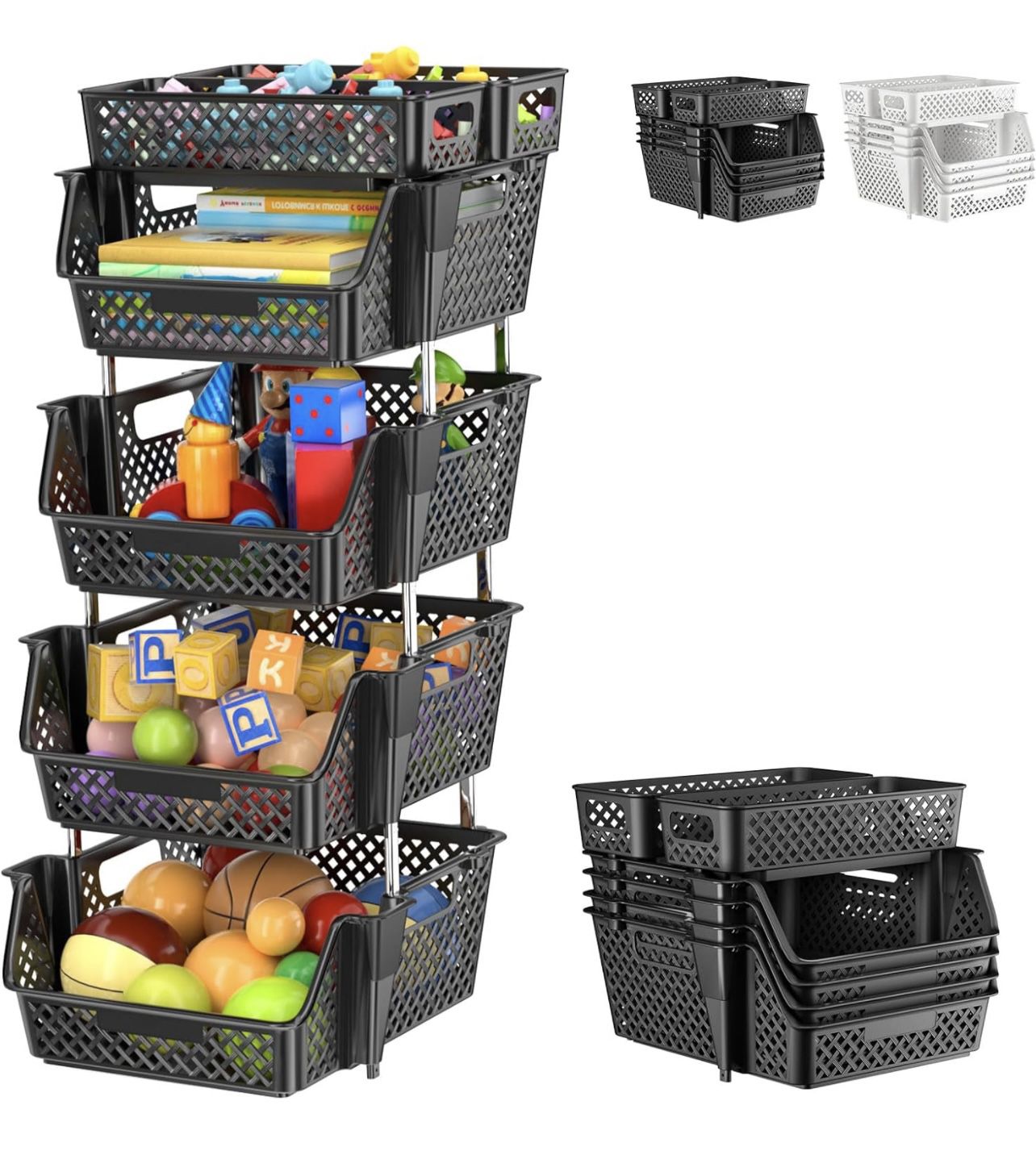 Plastic Stackable Storage Bins 4 Tier, Large Capacity Multi-Functional Storage Containers Shelves for Organizing Food