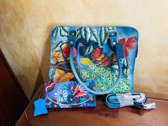 Anushka Women’s Blue Floral Butterfly Satchel Top Handle Zip Bag w wallet/Strap