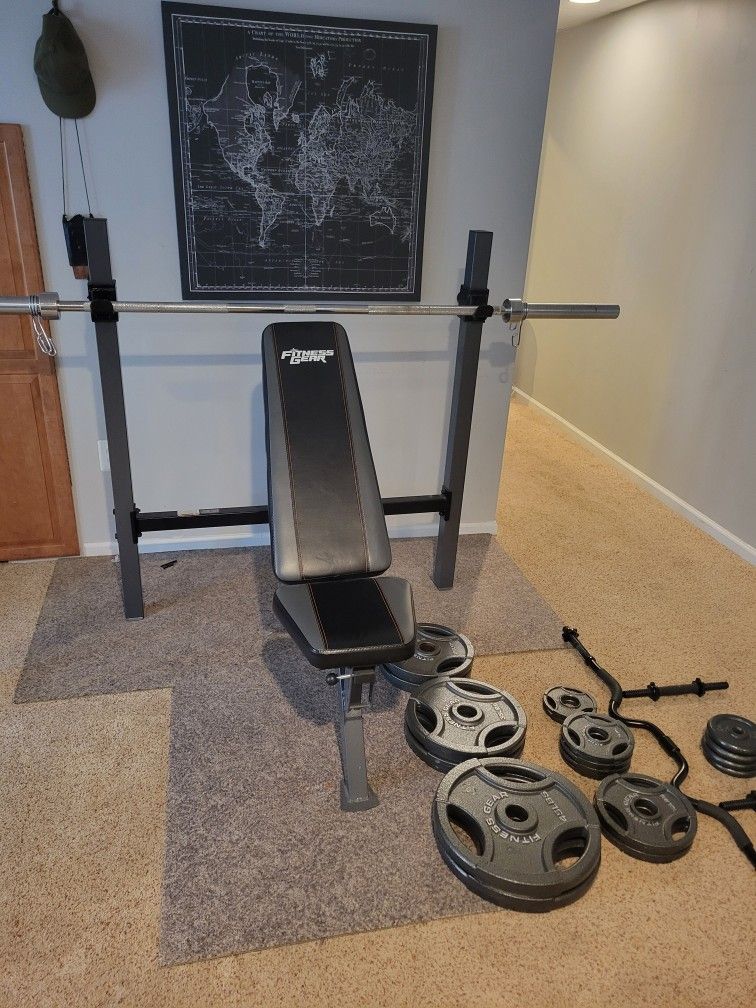 WEIGHT BENCH, PLATES, CURL SET
