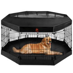 NEW! PJYuCien Dog Playpen - Metal Foldable Dog Exercise Pen, Pet Fence Puppy Crate Kennel Indoor Outdoor With 8 Panels 30”H & Top Cover And Bottom Pad