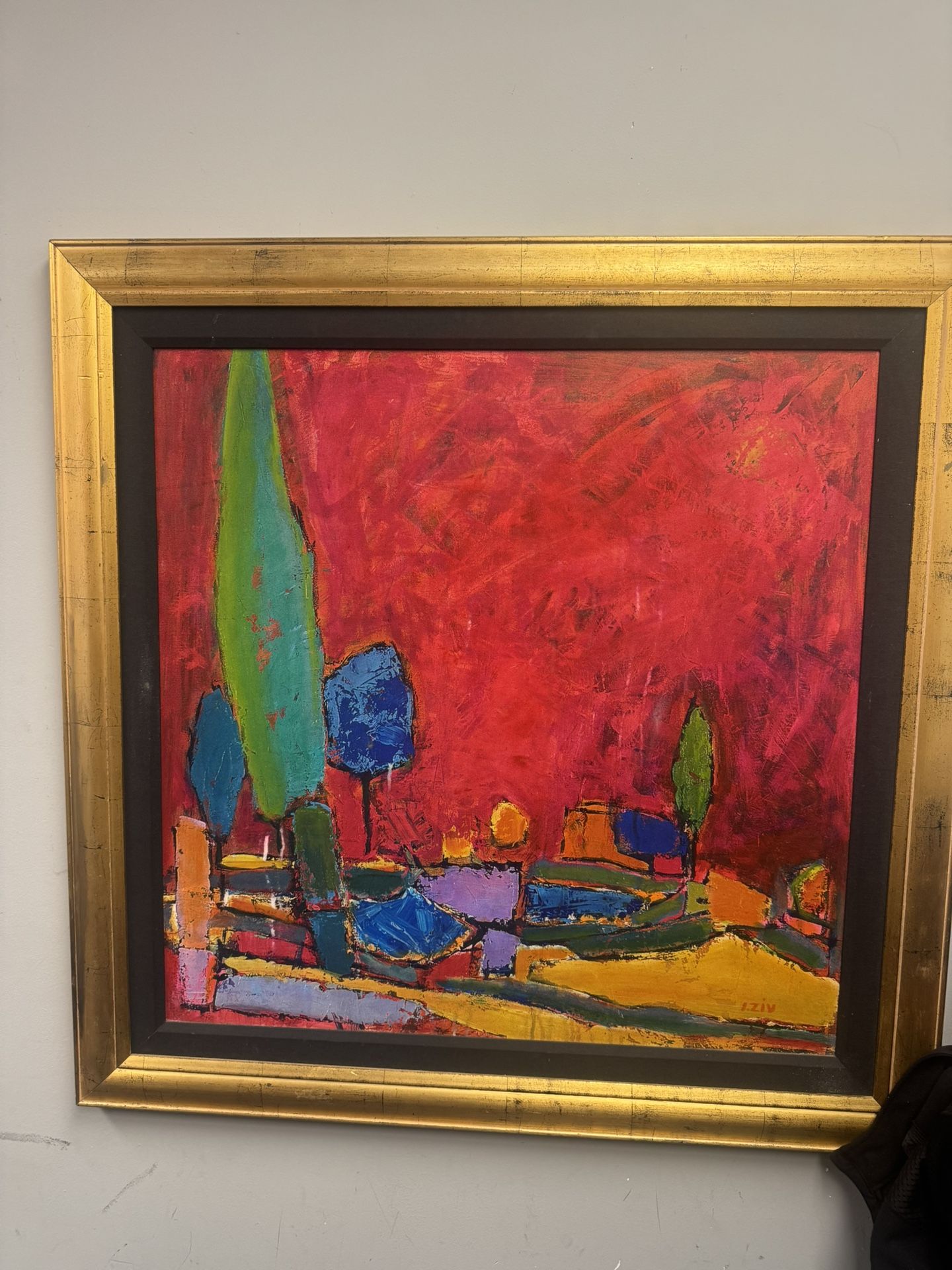 Painting by Israel Ziv, Landscape, Oil on Canvas Bazaar Bungalow Measuring an impressive 42.75x42.75" this bold and unique modern landscape oil pain