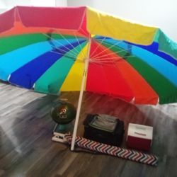 Beach Umbrella 8ft Wide With A Lunch Duffle Bag / Igloo Cooler and Small Grill