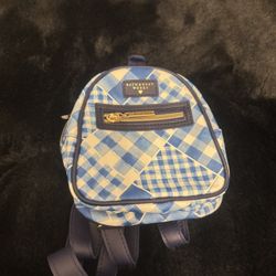 Bath & Body Works 6" Gingham Mini Backpack Cosmetic Bag Blue Metallic Gold