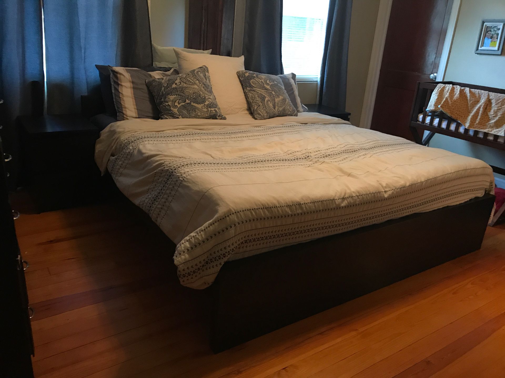 King size IKEA platform bed frame two nightstands and dresser