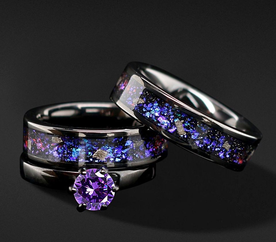 Nebula His and Her 3 piece Wedding Ring Set, Promise Rings Unique