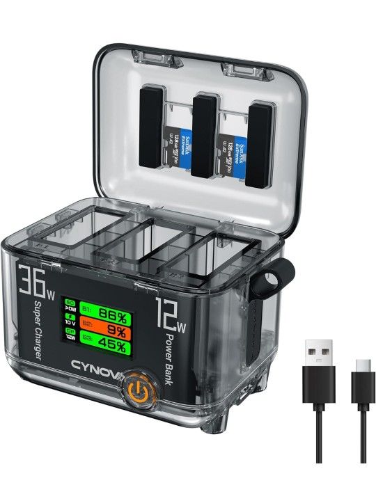 CYNOVA Battery Charger for DJI OSMO Action 5/4 Pro/OSMO 360 Accessories, Intelligent OLED Screen Triple-Slot 36w USB Power Delivery (Pd) Fast Charging