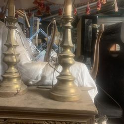 Two Matching Antique Brass Lamps 
