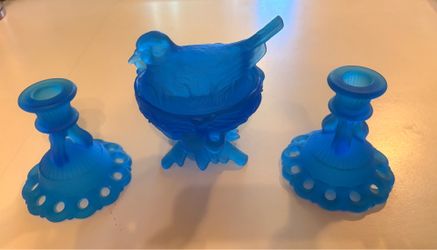Vintage Westmoreland Frosted Blue Glass Candlestick set and 2-pc Sculpted Dove Covered Dish