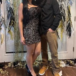 black dress with gold sequins