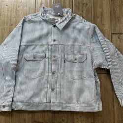 Levis Made & Crafted Stripe Blue White Denim Trucker Jacket Large Radar $248