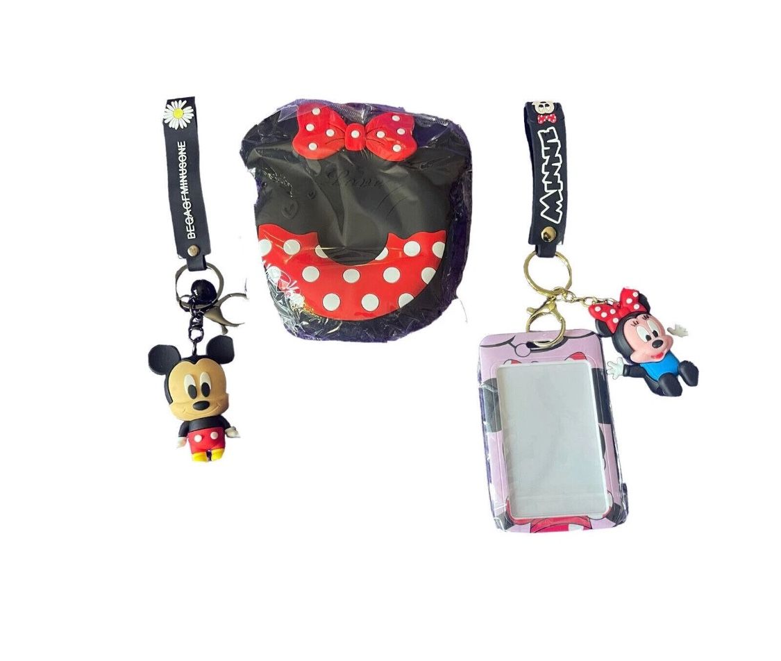 Mickey Minnie Mouse Bundle Key Chains With ID Holder Mini Bag Purse