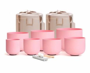 Pink Color Frosted Quartz Crystal Singing Bowls Chakra Set of 7 with Carry Case Bags