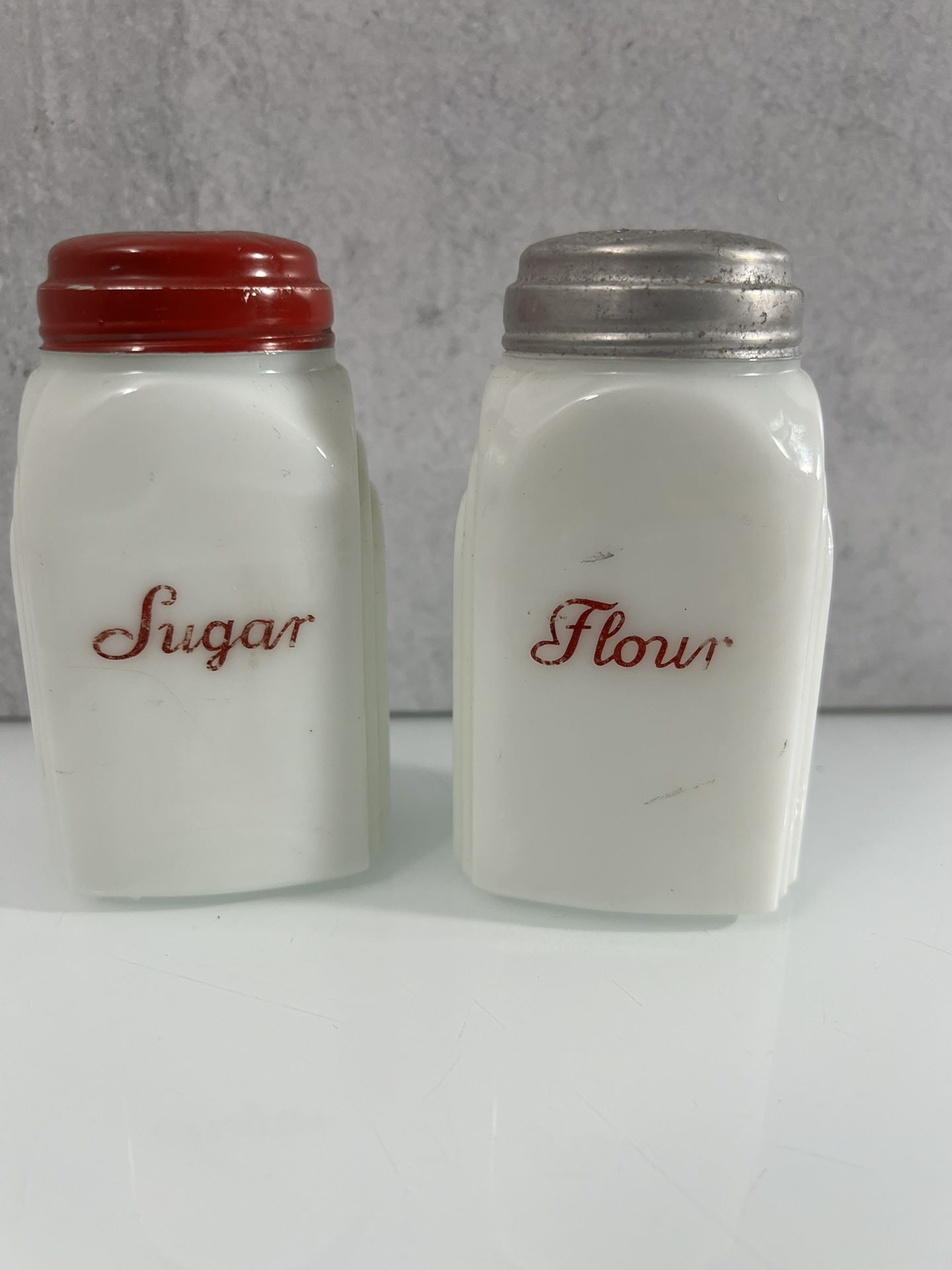 McKee Flour and Sugar Shakers Milk Glass Art Deco Arch Vintage