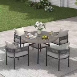 5-Piece Metal Outdoor Dining Set with 47.2'' Gray Wood-Like Round Table and 4 Gray Woven Rope Chairs with White Cushions