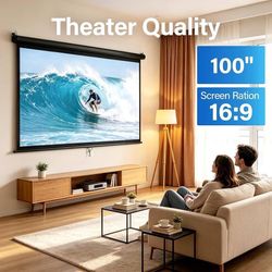 New Black Projector Screen Pull Down 100”, Manual Projection Screen Home Theater, 100'' Movie Screen