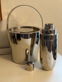 Crate & Barrel Stainless Steel Ice Bucket & cocktail shaker set.