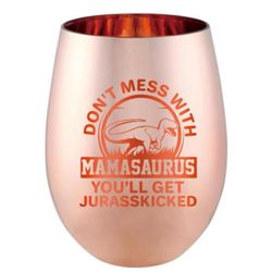 Mamasaurus Stemless Wine Glass Rose Gold 18 Oz Funny Dinosaur