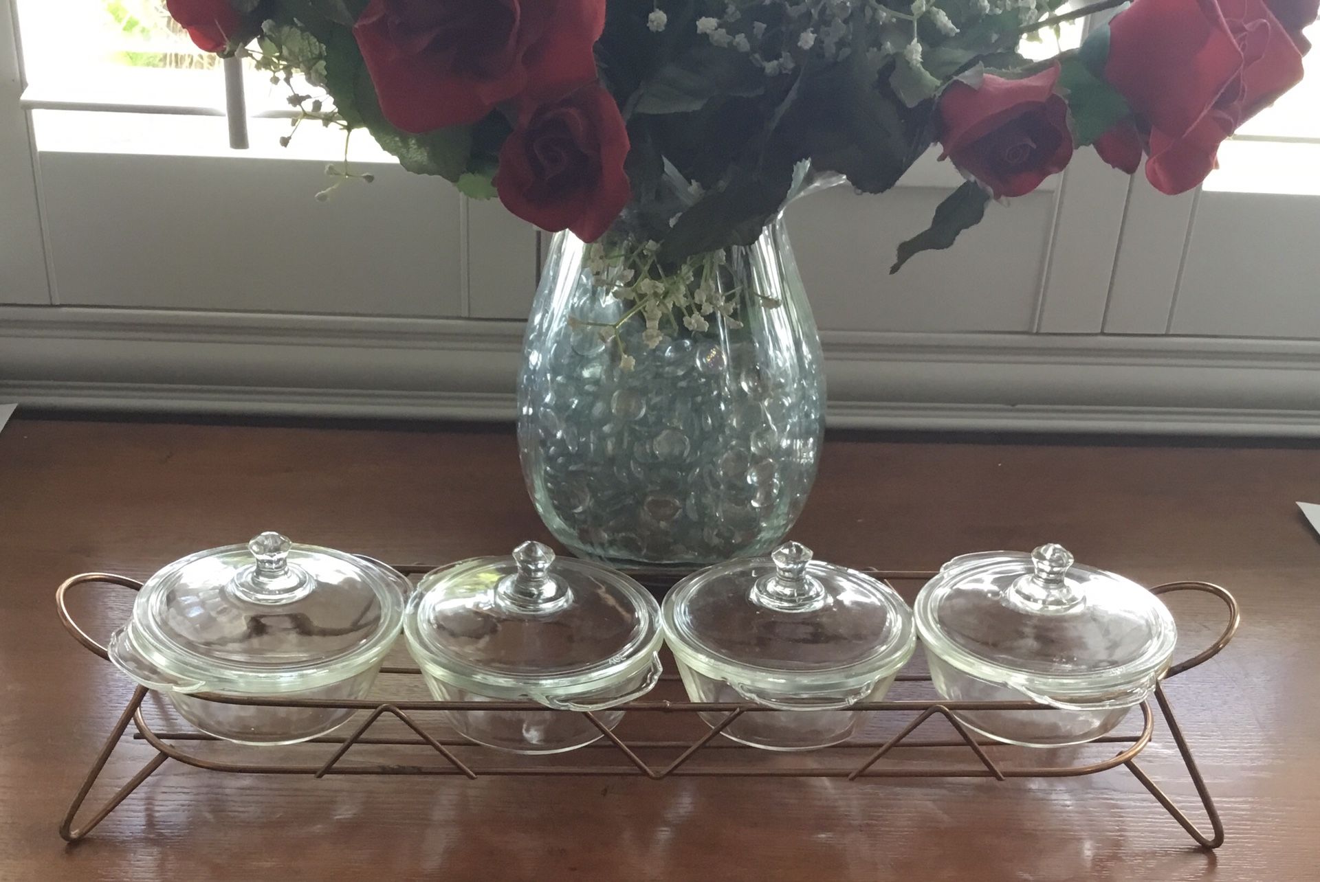 Vintage Serving Rack With Fire King Glass Bowls