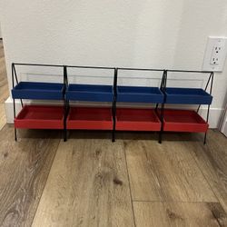red and blue two-tiered farmhouse home décor trays. 