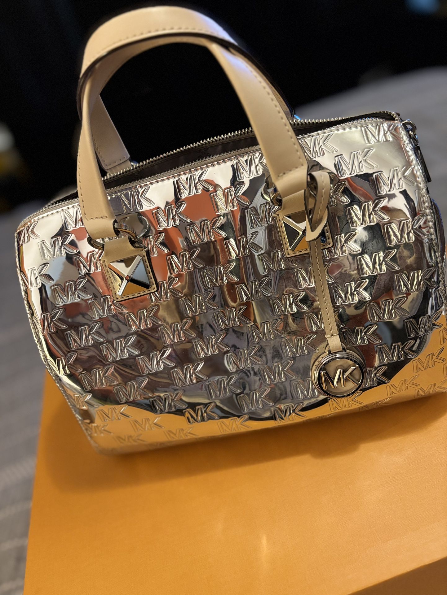 Michael Kors Metallic Silver Satchel with Tan handles