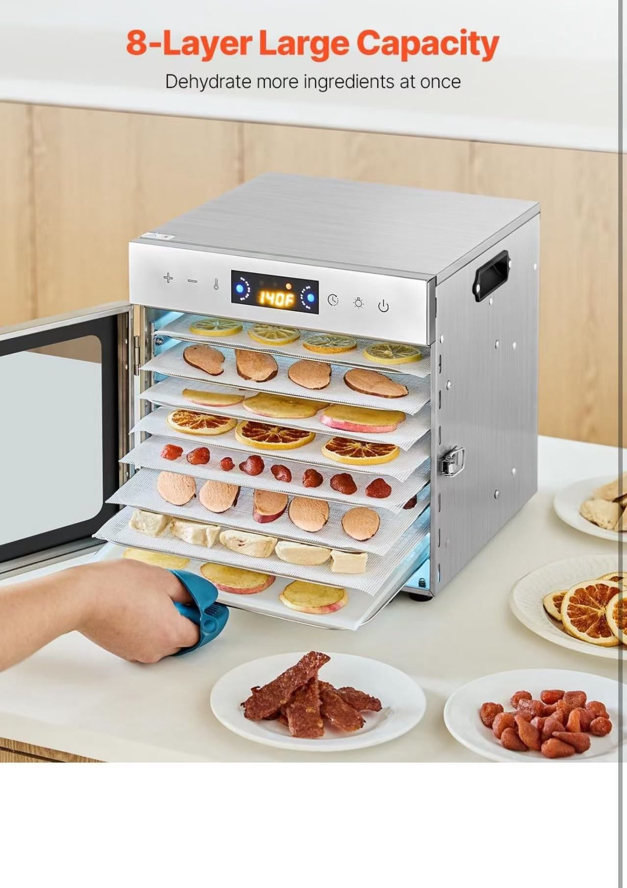 ❤️ VEVOR Food Dehydrator Machine, 8 Stainless Steel Trays, 400W Electric Food Dryer with Adjustable Temperature & 24-Hour Timer, Freeze Dryer for Jerk
