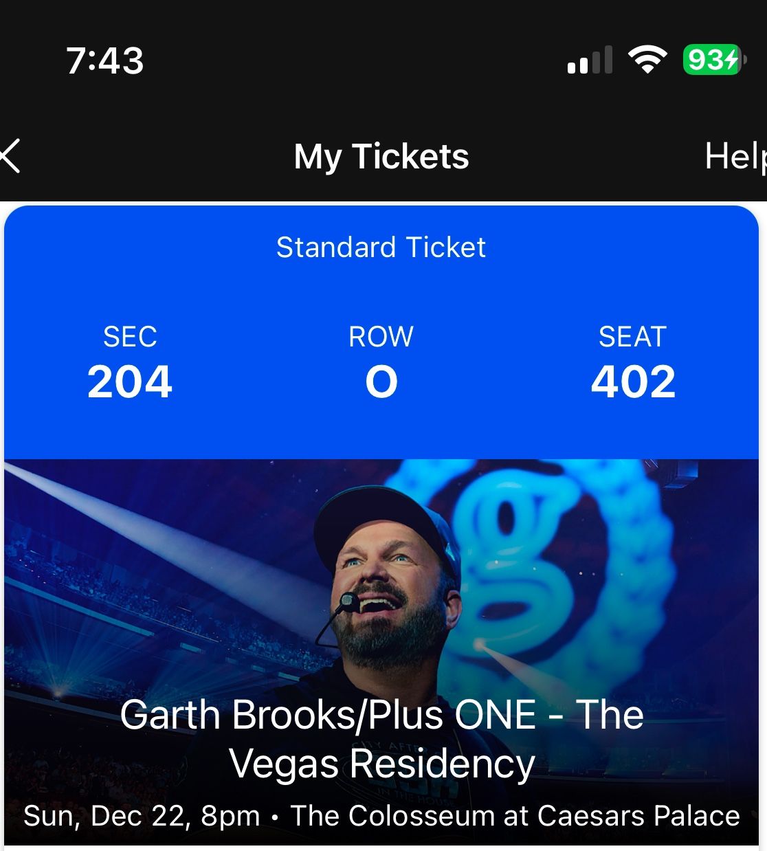 2 Tickets to the Garth Brooks Plus One Concert In Vegas This Sunday December 22nd