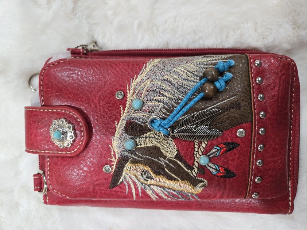 Red Embroidered Crossbody Western Phone Wallet