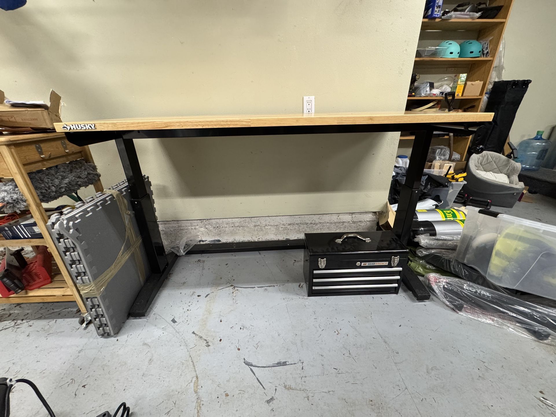 62 in. W x 24 in. D Adjustable Height Black Workbench Table with Solid Wood Top