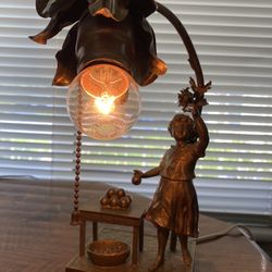 Antique Metal Table Lamp. Beautiful Girl With Fruits 