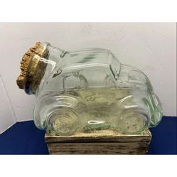 Vintage VW Beetle Car Canister Jar Greenish Glass with Cork Lid. Nice Used.