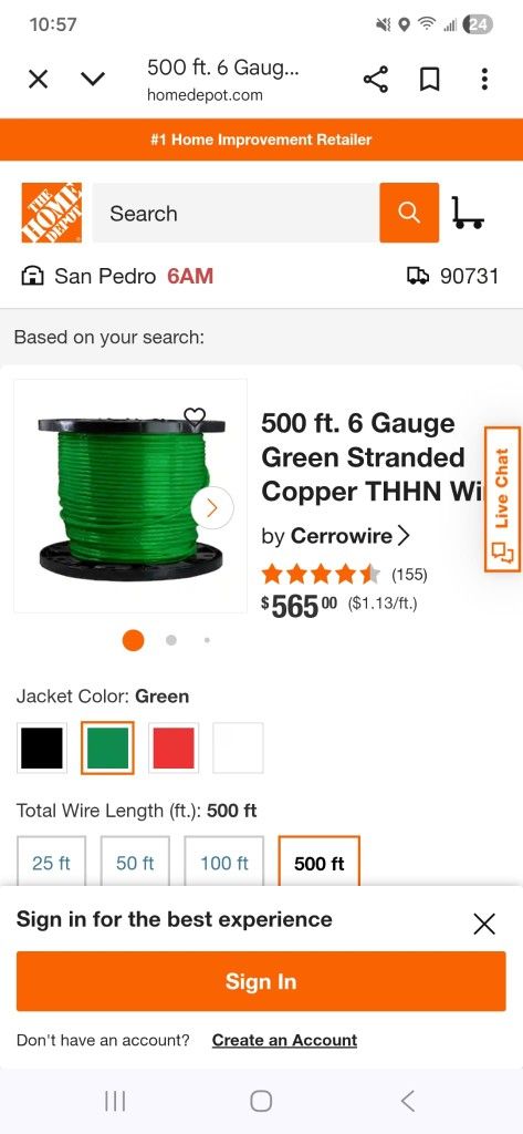 Wire #6 Awg Stranded Thhn 500 Fts Roll New