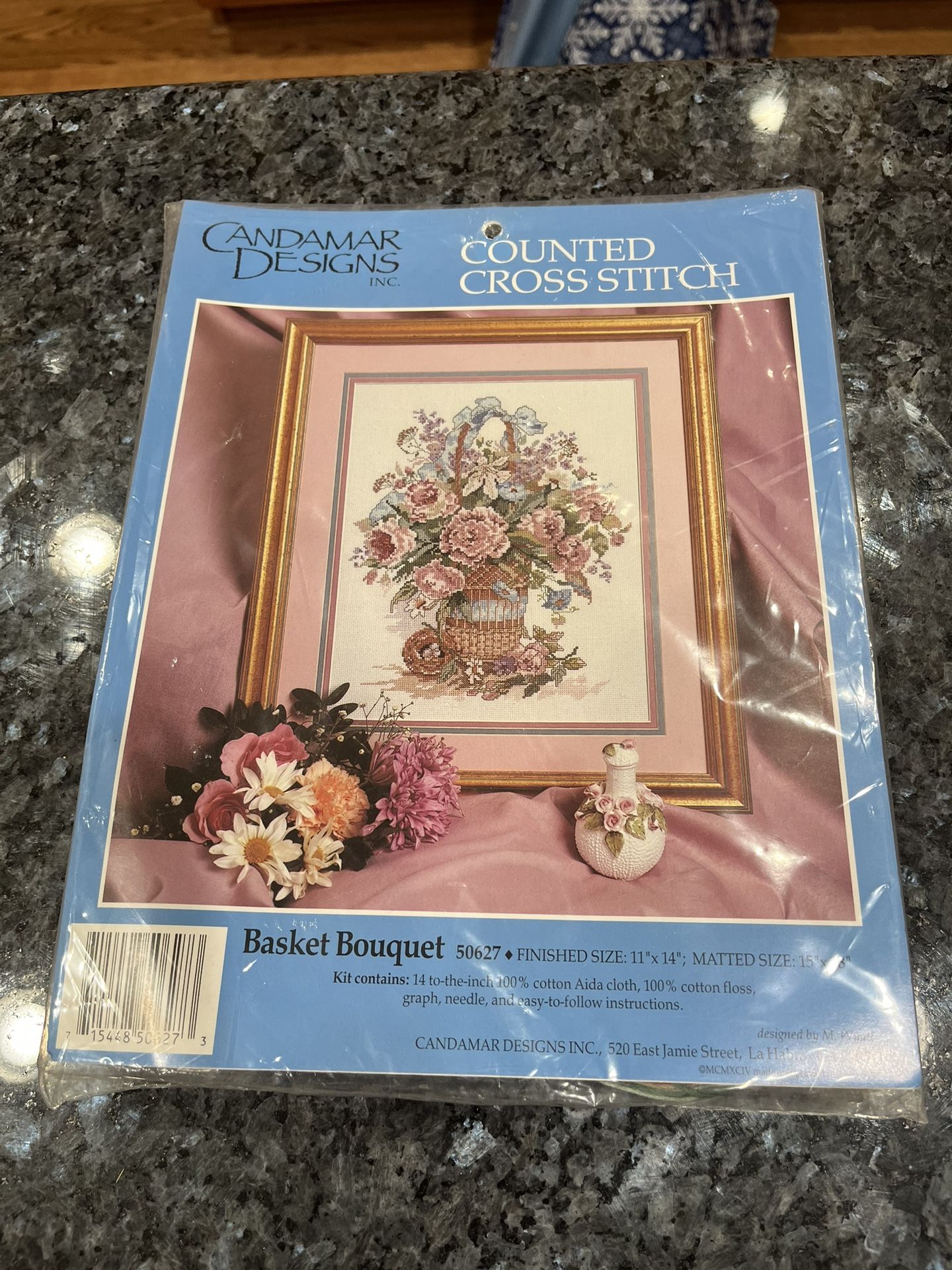 Cross Stitch Basket Bouquet Floral Counted Cross Stitch Kit. Brand Candamar Design. Size 11 inches by 14 inches. Brand new factory sealed . Smoke