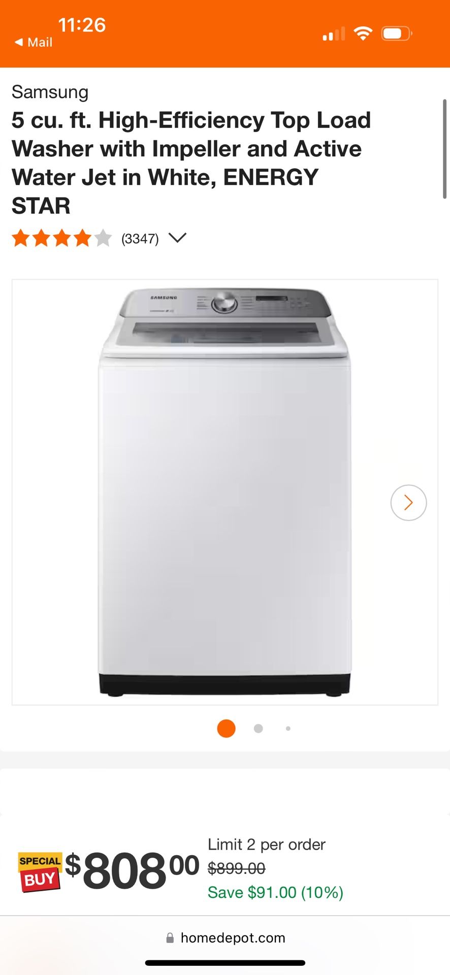 Samsung Washing Machine. 5 cu. ft. High-Efficiency Top Load Washer with Impeller and Active Water Jet in White, ENERGY STAR