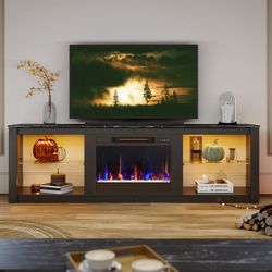 Electric Fireplace TV Stand for 75" TV Farmhouse LED Entertainment Center Console Table for Living Room in Black