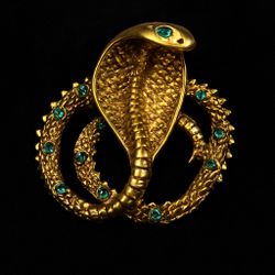 Vintage 1990s Cobra Snake Fierce Rock Glam Brooch Green Rhinestones, 2”