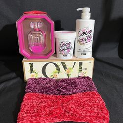 Victoria's Secret Bombshell Magic Eau De Parfum 1.7+PINK Body Scrub And Lotion Vanilla+ 2 Crochet Twisted Knot Headband(Colors Of Your Choice)