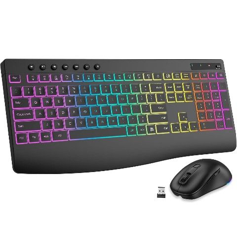Wireless Keyboard and Mouse Combo, 9 Backlit Effects, Rechargeable 4000mAh Backlit Keyboard with Wrist Rest, 6 Button Mouse, 2.4G Full Size Quiet Keyb