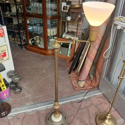 Antique Swing Arm Lamp With Brass & Marble Stand and Milk Glass Shade.  WORKS