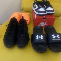 Two Pair Of Nike Tennis , 2 Pair Of Slides Yeezy Adidas ,Under ARMOUR Everything  $130