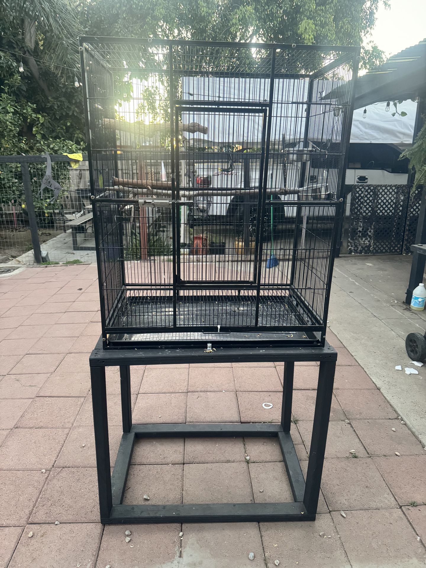 Large Bird Cage with Wooden Stand