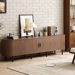 86.6" TV Stand with Power Outlet & Storage for TVs up to 90“ Walnut Entertainment Center with Adjustable Shelves, Modern Media Console with Sliding Do