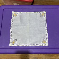 Vintage Hankie white  laced edging with gold crowns each corner  11.5x12”